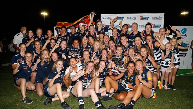 South Adelaide players celebrate after winning this year’s SANFLW premiership. Picture: Deb Curtis