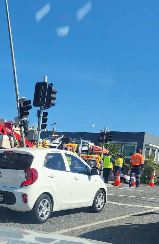 A heavy truck caused traffic delays in Brisbane's south this morning when it rolled over near a major road. Picture: Rebekah Sykes