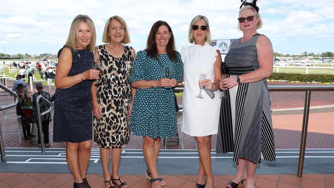 MELBOURNE, AUSTRALIA – OCTOBER 16 2024 Fiona, Lisa, Kate, Angela and Kerry at the Caulfield Social race day at Caulfield racecourse on Wednesday 16th October, 2024 Picture: Brendan Beckett