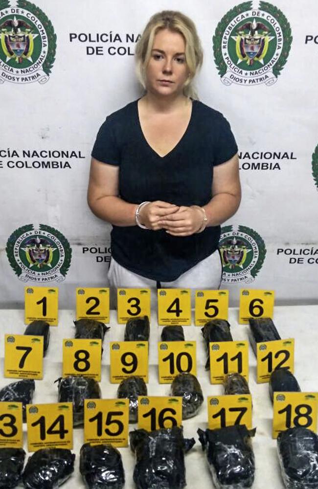 Cassie Sainsbury was arrested at the El Dorado International Airport in Bogota in April after 5.8kg of cocaine was found in her luggage. Picture: AFP/Colombia’s Antinarcotics Police