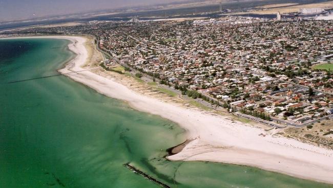 An aerial shot of the breakwater at Semaphore beach.