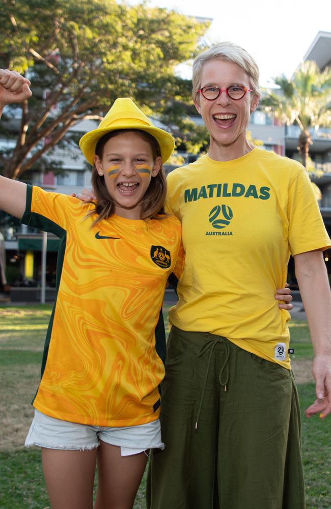 Abby Wood and Pippa Wilson as thousands of fans gather to watch the Matildas take on England in the World Cup Semifinal at Darwin Waterfront. Picture: Pema Tamang Pakhrin