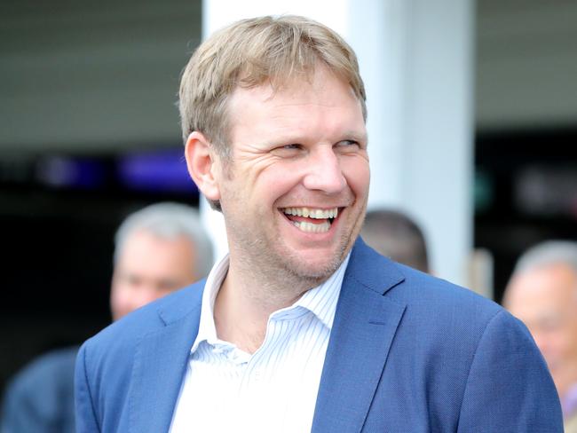 HAWKESBURY, AUSTRALIA - APRIL 22: Trainer Bjorn Baker reacts in Race 8 Pioneer Services Hawkesbury Crown during Hawkesbury Cup Day Sydney Racing at Hawkesbury Racecourse on April 22, 2023 in Hawkesbury, Australia. (Photo by Jeremy Ng/Getty Images)