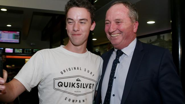 National Party Leader Barnaby Joyce (R) takes a selfie with Ryan Jans, 18, from Ballarat, at The Royal Armidale after a Nationals Party NSW branch general meeting on Wednesday evening. Picture: Hollie Adams