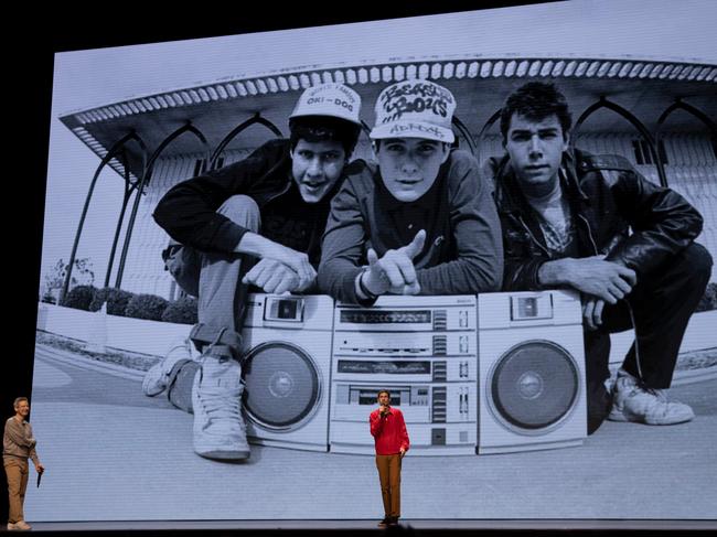 Adam "Ad Rock" Horovitz and Michael "Mike D" Diamond on stage for Beastie Boys Story on Apple TV.