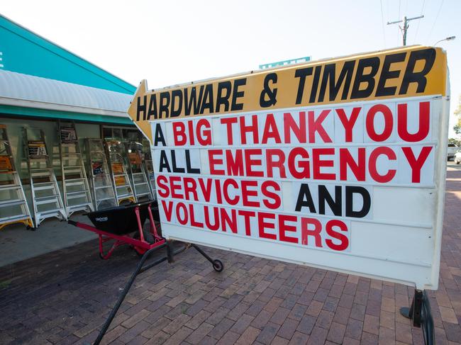 A hardware store displays a sign thanking firefighters for their efforts in Peregian Beach. Picture: Rob Macall.