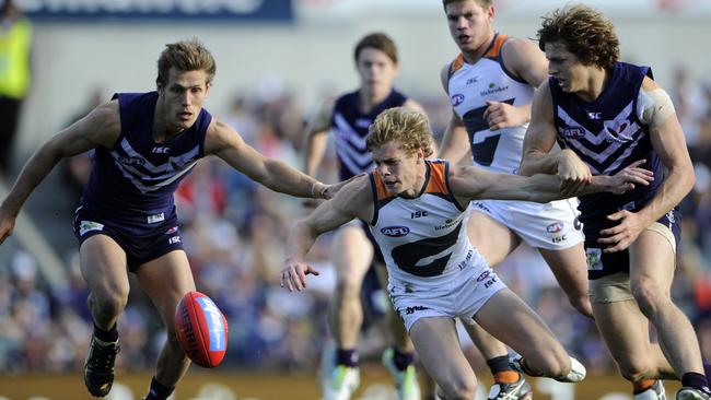 Matt de Boer in his Freo days with Nat Fyfe.