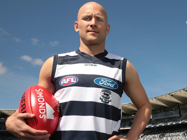 Gary Ablett back in the blue and white hoops at Geelong. Picture: Alison Wynd