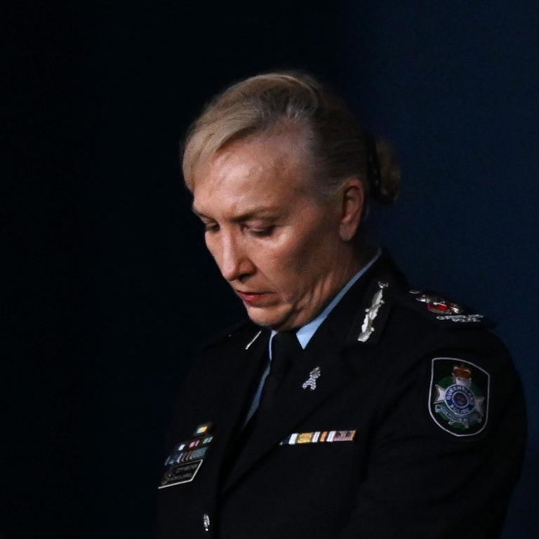 Queensland Police Commissioner Katarina Carroll announces her resignation in Brisbane. Picture: Dan Peled