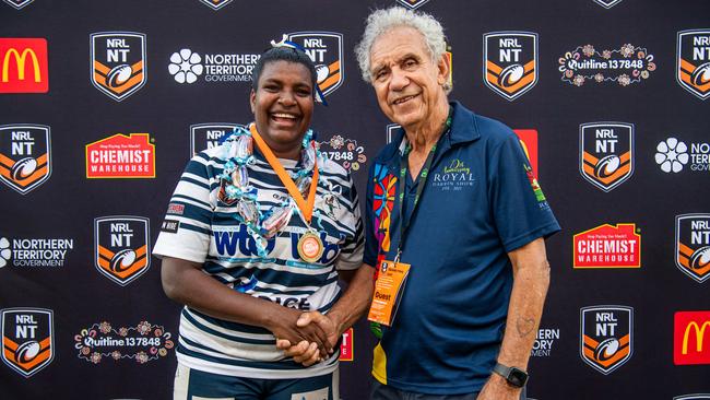 Ellie Niki and Charlie King as the Darwin Brothers celebrate winning the 2023 NRL NT grand final. Picture: Pema Tamang Pakhrin