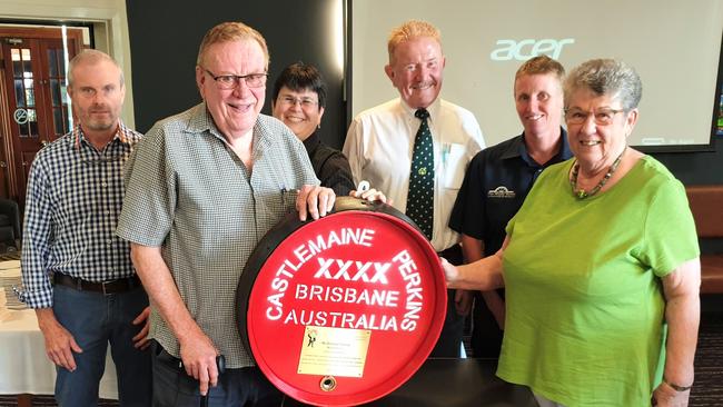 Peter Glenn, Doug McDonald, Janet Moore, Sandy McDonald, Susan Bradley and Jenny Bradley celebrating their 50 years in charge of The Manly Hotel.