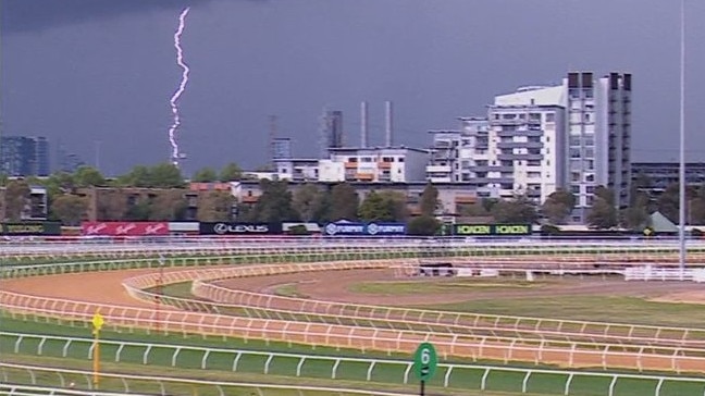 Lightning strikes near Flemington racecourse on Saturday. Picture: Twitter / 7 Horse Racing