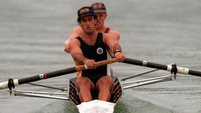 Rob Scott, front, and David Weightman in the Australian Rowing Championships men's coxless pairs 2000m final at Sydney International Regatta Centre at Penrith in 1996.