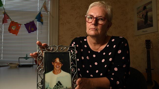 SUNDAY MAIL MENTAL HEALTH - LETS TALK (SUICIDE). Jill Chapman with a photo of her son Michael (on his 15th birthday) who took his own life  at 16yrs old. She is pictured at MOSH House, on the 2nd December, 2020. Picture: Tricia Watkinson