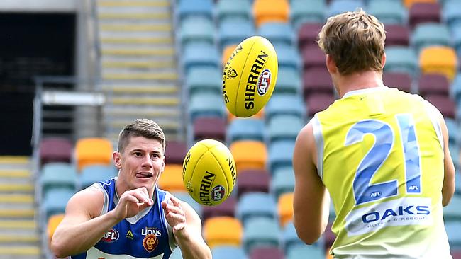 Brisbane Lions captain Dayne Zorko hits the track to start preparations for the club’s qualifying final against Richmond. Picture: AAP image/John Gass.