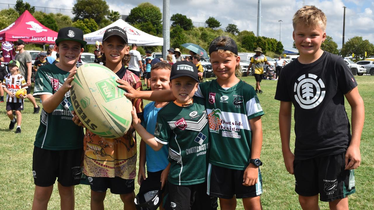 Kaiden Halloran, Izaya Robinson, Nixon Robinson, Nixon Vidler, with Seth and Eli Manners at the Play Something Unreal rugby league clinic in Kawana. Picture: Sam Turner