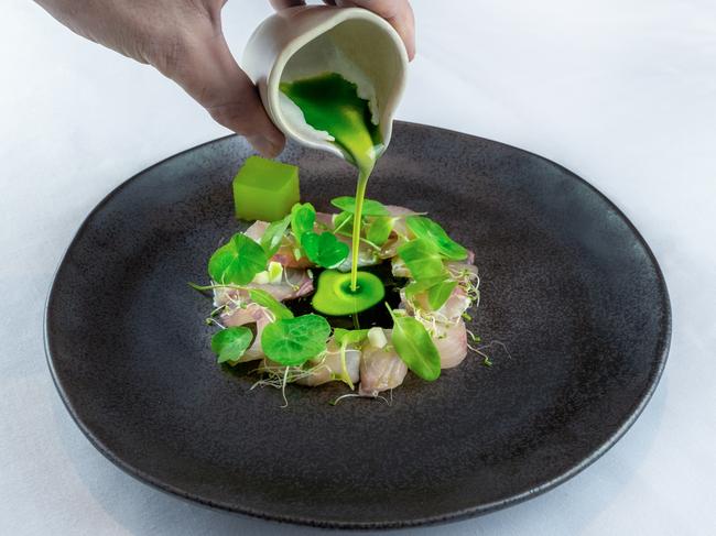 The first course of The Chroma VIVID Experience that will be operating during the three weeks of Vivid Sydney from May 24 to June 15. The Green Course is hiramasa kingfish, Aboriginal green ants, herbs chlorophyll and stracciatella.