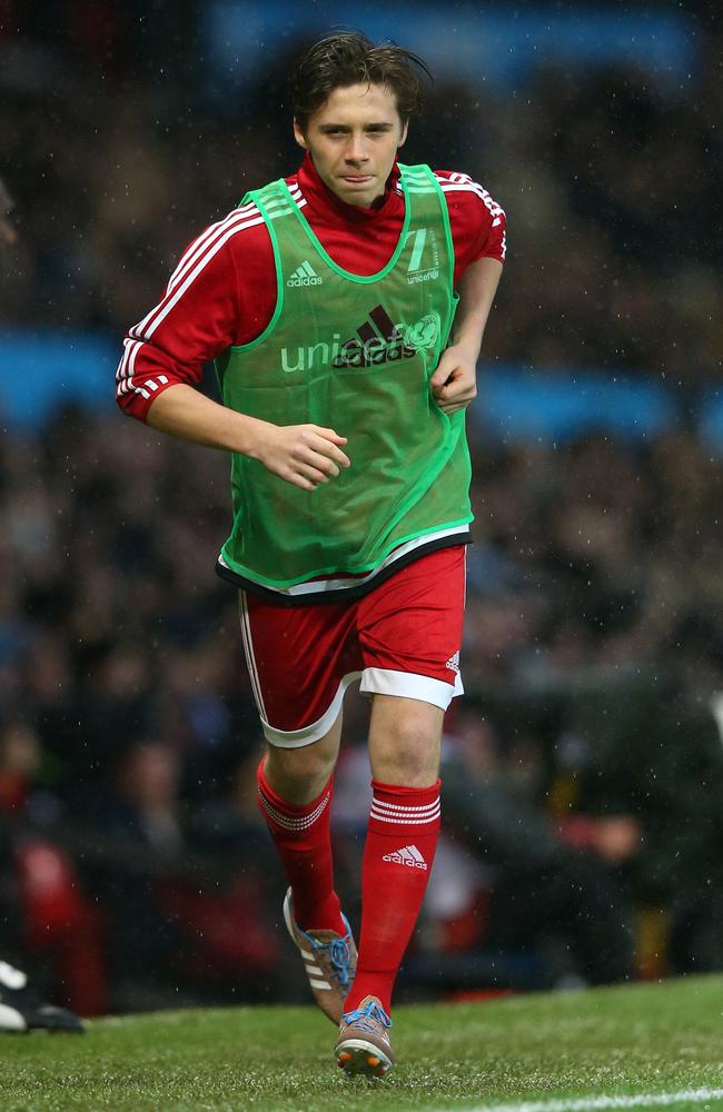 Brooklyn Beckham of Great Britain and Ireland warms up during the David Beckham Match for Children in aid of UNICEF between Great Britain and Ireland and Rest of the World at Old Trafford on November 14, 2015 in Manchester, England. Picture: Getty