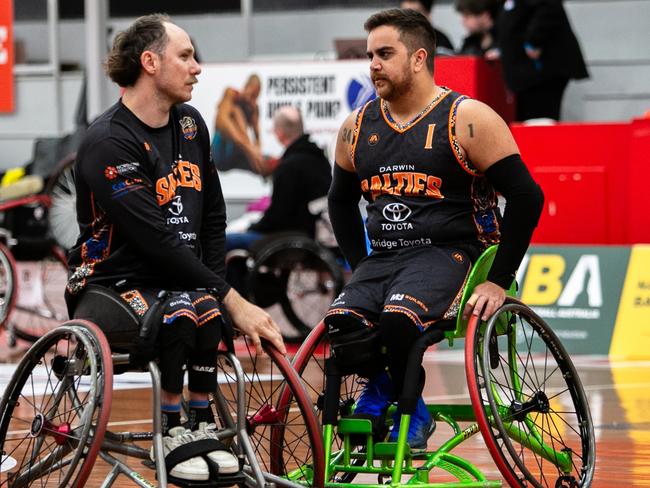 Tom O'Neill-Thorne and Clarence McCarthy-Grogan playing in the Darwin Salties first match of the 2024 season. Picture: Daniel Bennett Photography