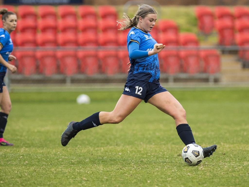 Hannah Evans of South West Queensland Thunder against Gold Coast United in NPLW Queensland round 14 football at Clive Berghofer Stadium, Saturday, June 19, 2021. Picture: Kevin Farmer