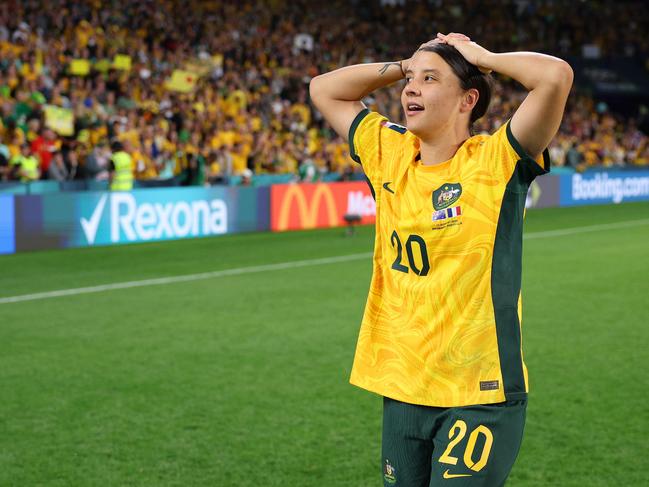 BRISBANE, AUSTRALIA - AUGUST 12: Sam Kerr of Australia reacts after victory in the FIFA Women's World Cup Australia & New Zealand 2023 Quarter Final match between Australia and France at Brisbane Stadium on August 12, 2023 in Brisbane / Meaanjin, Australia. (Photo by Elsa - FIFA/FIFA via Getty Images)