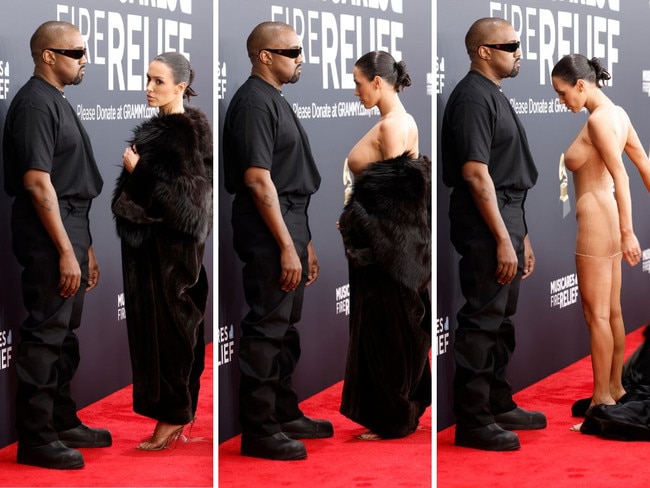 Kanye West and his Australian-born wife Bianca Censori shocked organisers with an attention-seeking stunt that left Censori as good as naked on the red carpet. Pictures: Getty