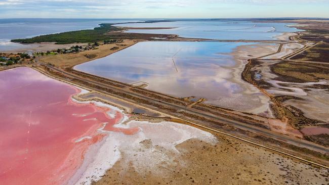 Drone footage of dead and dying mangroves and saltmarsh at St Kilda, where super salty water can be seen in evaporation ponds and some brine is crystallising to white salt. Picture: Alex Mausolf