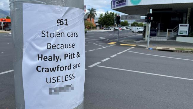 Messages calling out Far North MPs have appeared throughout the Cairns CBD is response to almost 1000 cars stolen since the start of the year. Picture: Peter Carruthers