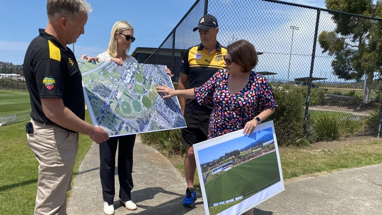 Kingborough Mayor Paula Wriedt looks over Twin Ovals plans with Knights cricket club president Jeff Ross, Deputy Mayor Clare Glade-Wright and Michael McGregor, of the Tigers TSL team. Picture James Bresnehan