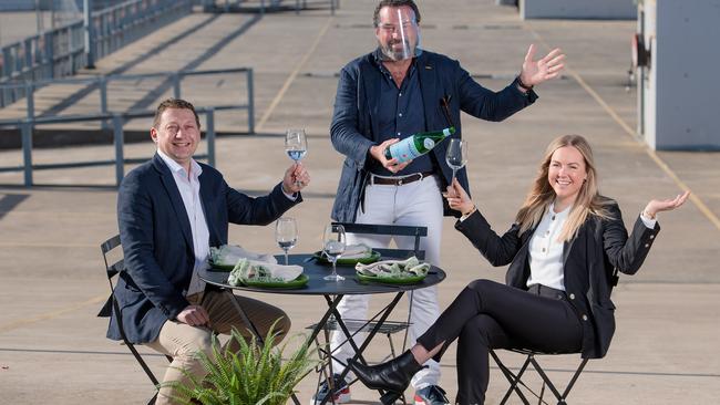 Parking Australia CEO Stuart Norman, Big Group owner Bruce Keebaugh and Care Park marketing manager Jenna White. Picture: Jason Edwards