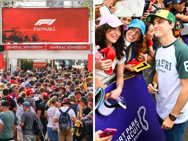 Fans queuing and greeting Oscar Piastri. Photos: AAP/Getty Images