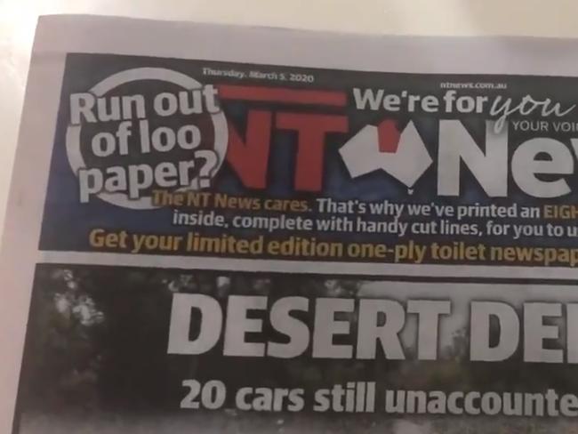 The NT News has solved our toilet paper shortage. Picture: Twitter/@TheNTNews