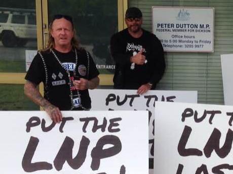 Protesters outside Peter Dutton's office wearing bikie colours. Photo from the Facebook page - People Against The Anti Bikie Laws