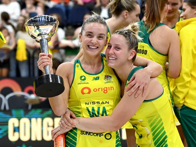 Diamonds pair Jamie-Lee Price (left) and Liz Watson celebrate winning the 2022 Constellation Cup. Picture: Bradley Kanaris/Getty Images