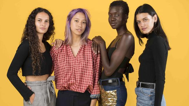 Zhoe Trotter (far right) with fellow models who represent Australia’s ethnic diversity at Sydney Fashion Week 2018. Picture: Darren Leigh Roberts