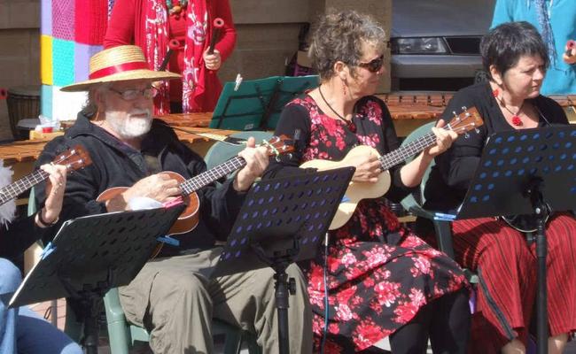 Warwick’s ukulele band performing outside the town hall during this year’s Jumpers and Jazz Festival. Picture: Contributed