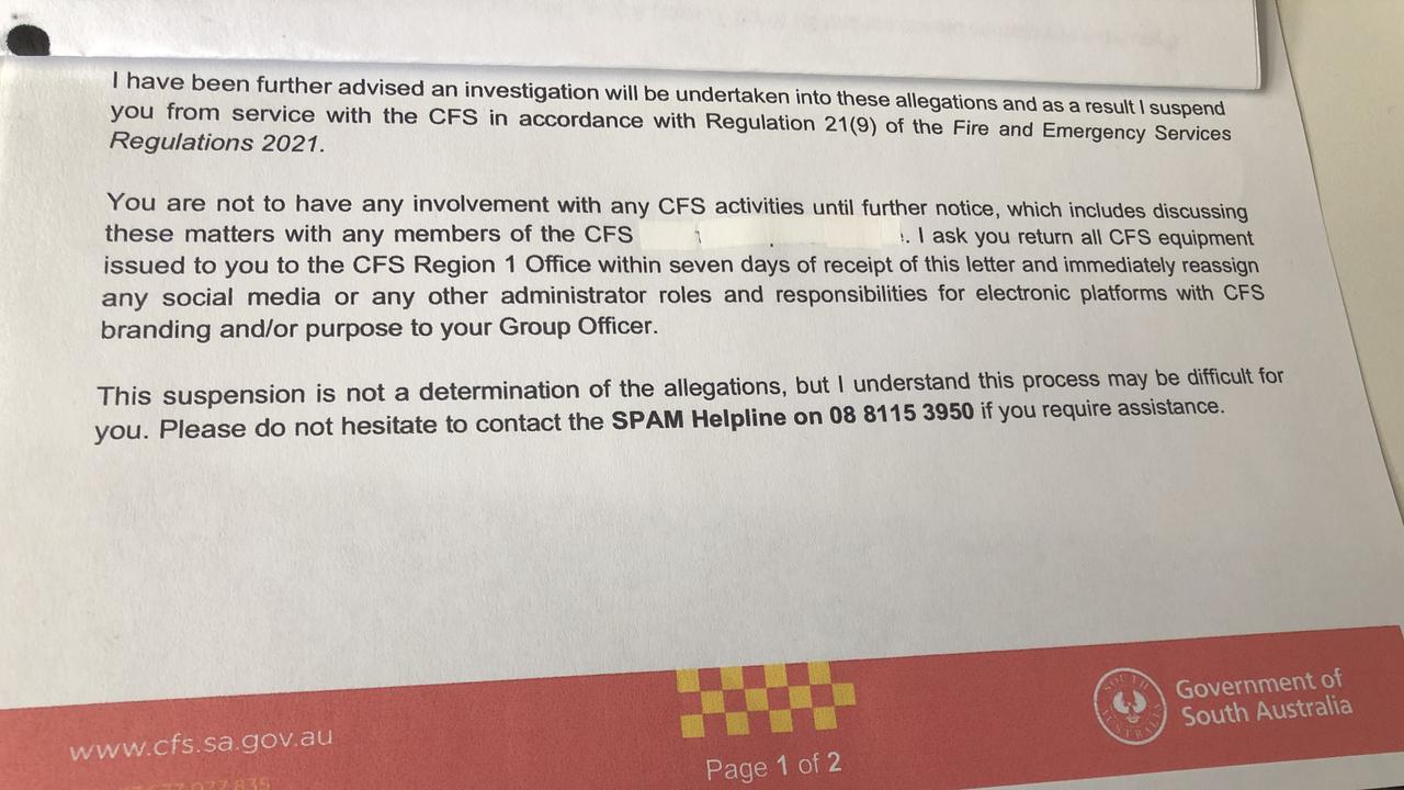 The letter sent to a CFS volunteer who spoke up about issues in their station. Picture: Supplied.