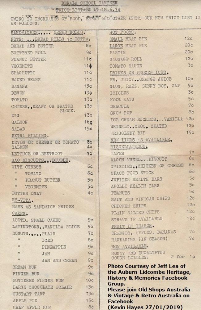 A copy of the Berala school canteen menu from 1974Picture: Jeff Lea / Facebook