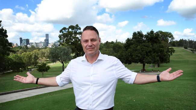 Lord Mayor Adrian Schrinner at Victoria Park, which has city views, parkland and is within 10 minutes of the CBD. Picture: Liam Kidston