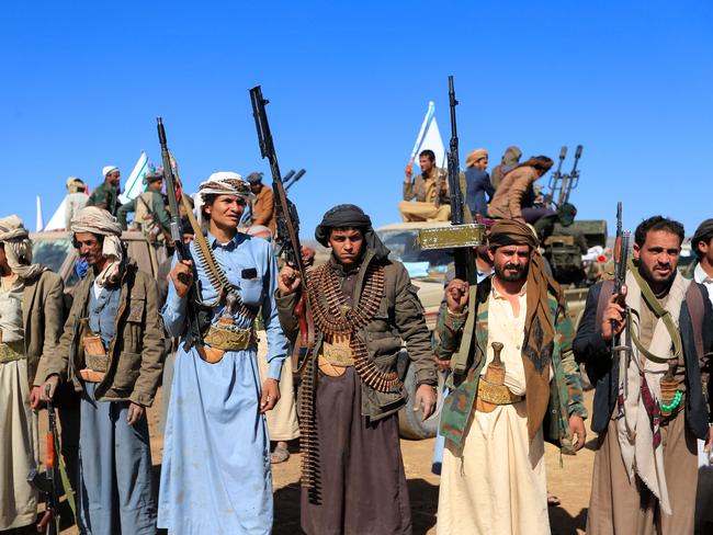 Yemeni tribal gunmen take part in a demonstration denouncing Israeli strikes and in solidarity with Palestine, in the suburbs of the Huthi-controlled capital Sanaa,. Picture: AFP