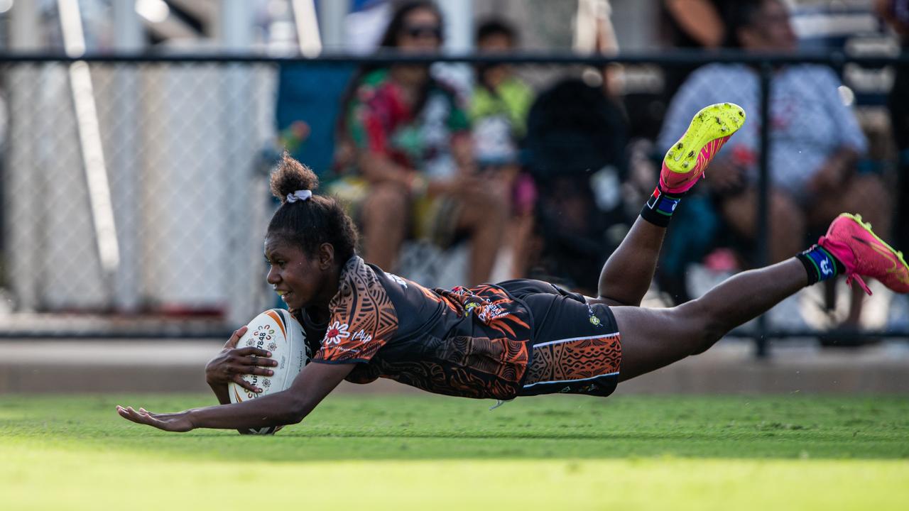 Freda Wosomo dives for a try at the 2024 Deadly Cup Carnival between the Indigenous All Stars and Territory All Stars. Picture: Pema Tamang Pakhrin