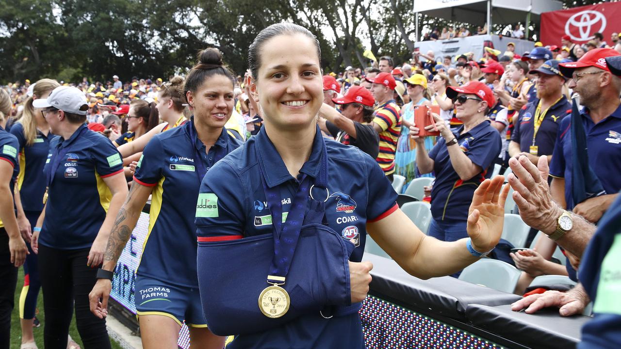 Heather Anderson after winning the inaugural AFLW premiership in 2017. Picture: Sarah Reed