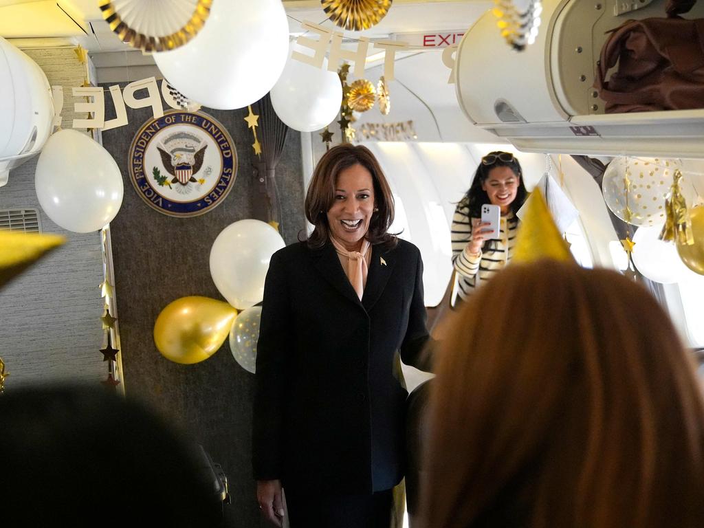 US Vice President and Democratic presidential candidate Kamala Harris is surprised by campaign staff with birthday decorations before departing Atlanta Hartsfield-Jackson Atlanta International Airport in Atlanta, Georgia, October 20, 2024, enroute to Philadelphia. Picture: AFP