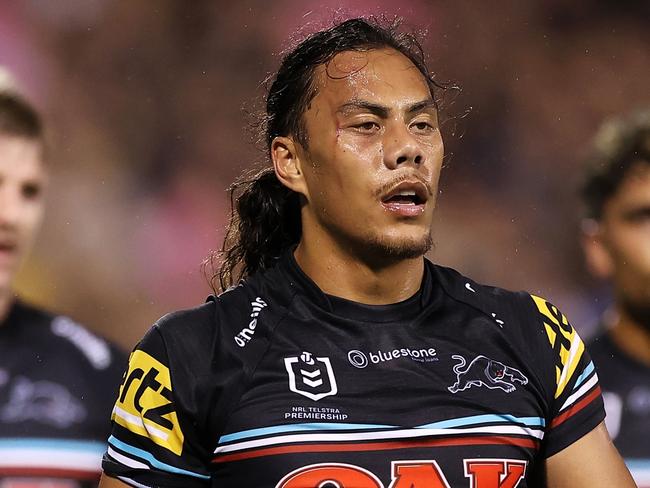 PENRITH, AUSTRALIA - MARCH 03: Jarome Luai of the Panthers looks dejected after a try during the round NRL match between the Penrith Panthers and the Brisbane Broncos at BlueBet Stadium on March 03, 2023 in Penrith, Australia. (Photo by Mark Kolbe/Getty Images)