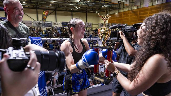 Claire Russell (blue) takes the win at the NT Fight Series XI at Ventia Stadium. Picture: Pema Tamang Pakhrin