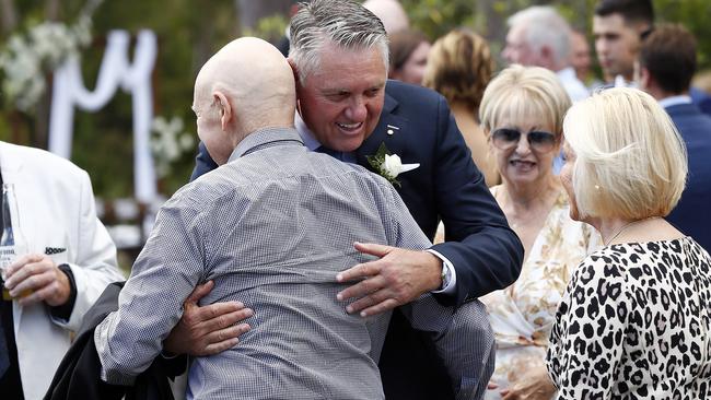 Radio star Ray Hadley marries Sophie Baird at Saddles in Mt White. Ray hugs Bob Fulton. Picture: Sam Ruttyn