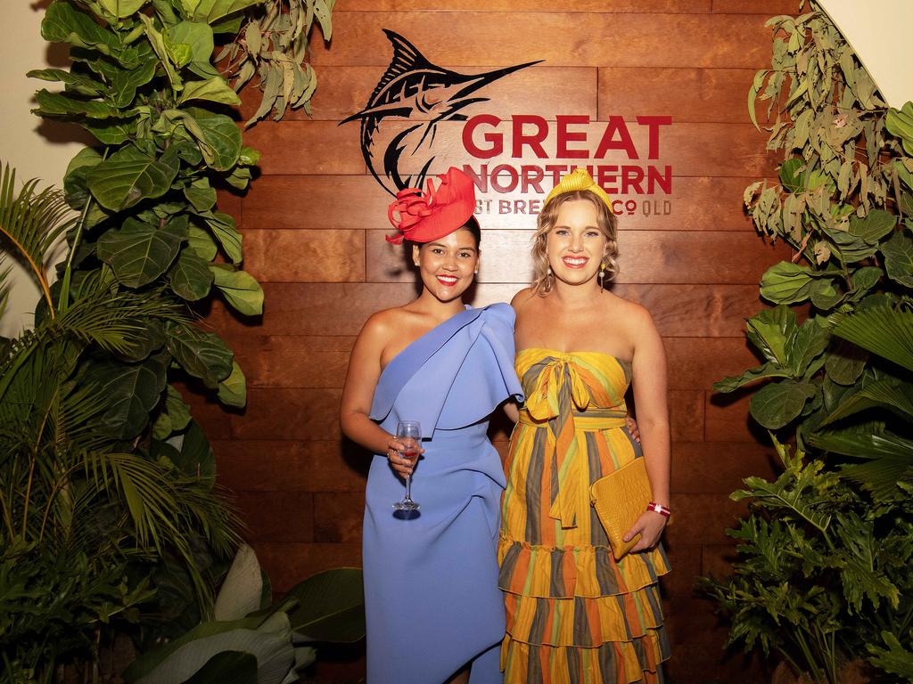 Sophia Calvi and Caiclin Temple enjoys the 2019 Darwin Cup. Picture: KERI MEGELUS