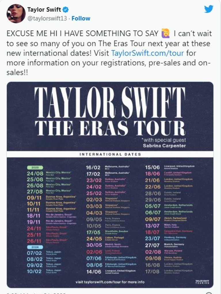 Taylor Swift has announced her world tour dates for The Eras Tour. Picture: Taylor Swift