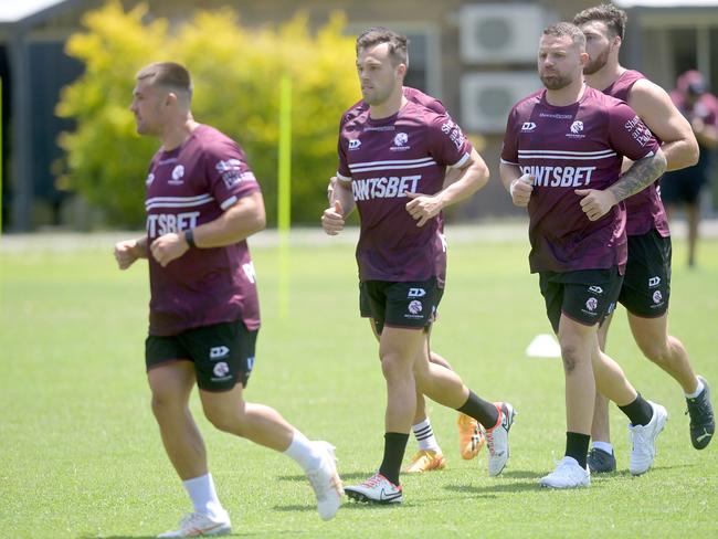 Nathan Brown (R) training with the Sea Eagles this pre-season. Picture: Jeremy Piper