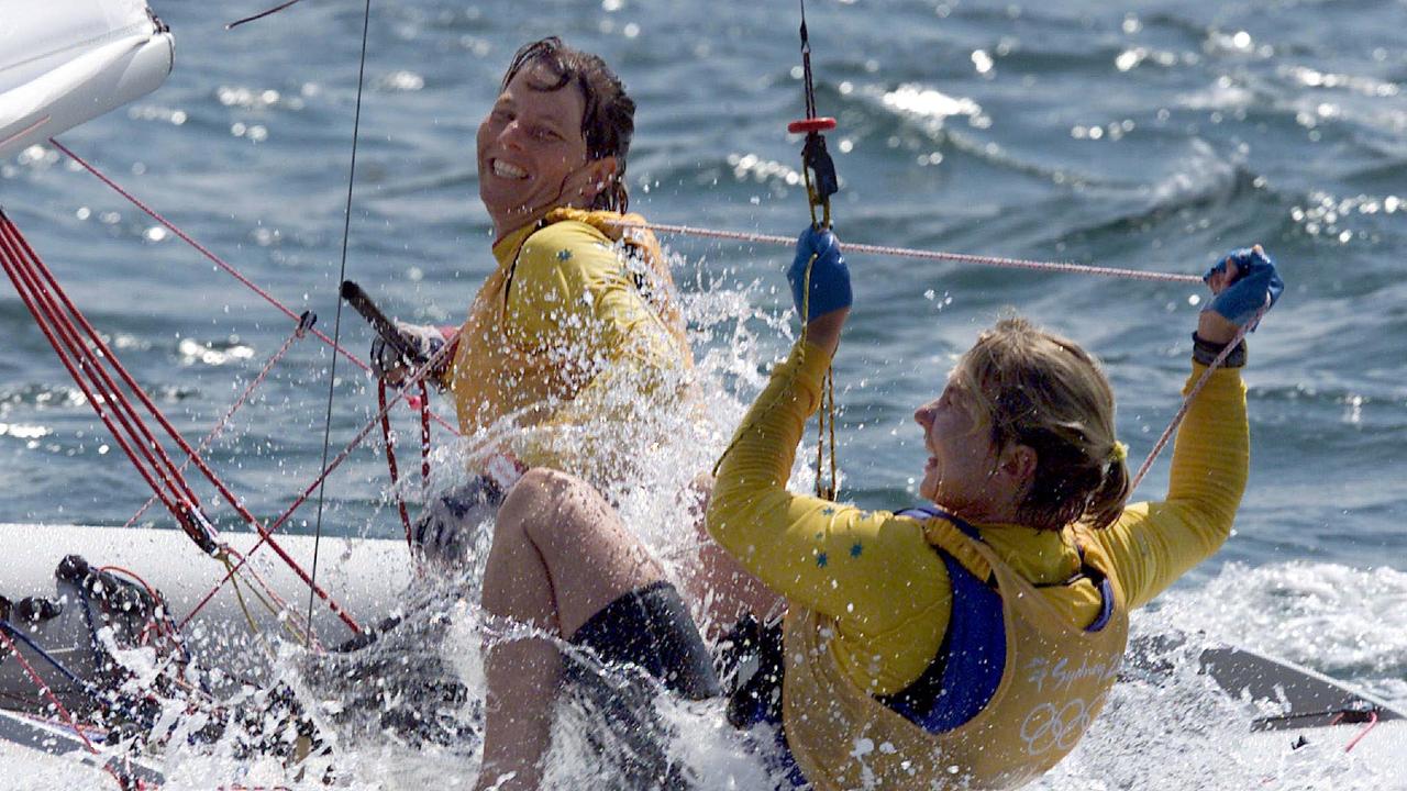 Jenny Armstrong and Belinda Stowell on their way to winning gold on Sydney Harbour at the 2000 Games.